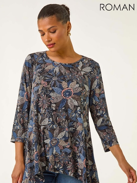 Roman Blue Floral Puff Print Stretch Top (H76395) | R$ 485