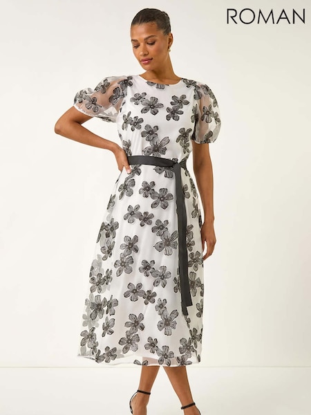 Roman White Floral Print Organza Belted Dress (H76410) | €99