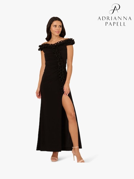 Adrianna Papell Jersey Ruffle Trim Black Gown (H76432) | R$ 2.555