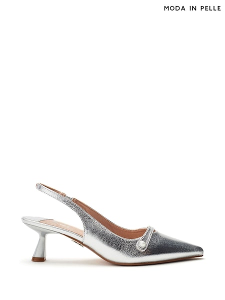 Moda in Pelle Silver Godal Pointed Heel Shoes With Front Strap And Pearl Trim (H76458) | € 139