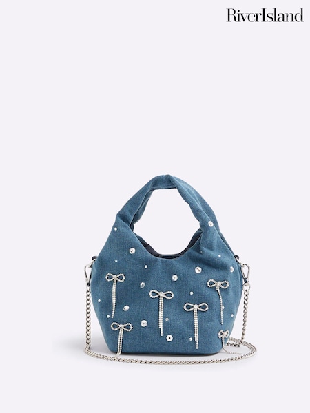 River Island Blue Diamante Denim Bow Grab Bag (H76607) | R$ 385