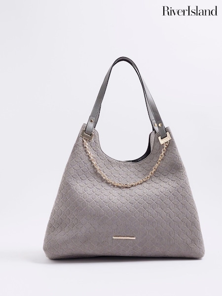River Island Grey Embossed Chain Slouch Shoulder Bag (H76608) | OMR24
