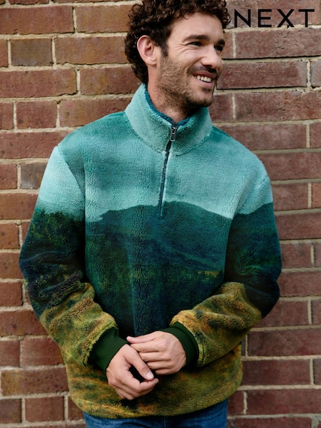 Green Deer Scene Borg Fleece Zip Neck (H76618) | 223 QAR