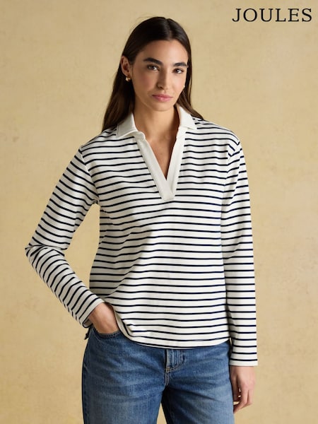 Joules Cream & Navy Striped Cotton Blend Collared Sweatshirt (H76647) | $122