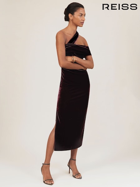 Reiss Burgundy Dalia Petite Velvet One-Shoulder Midi Dress (H76911) | €195