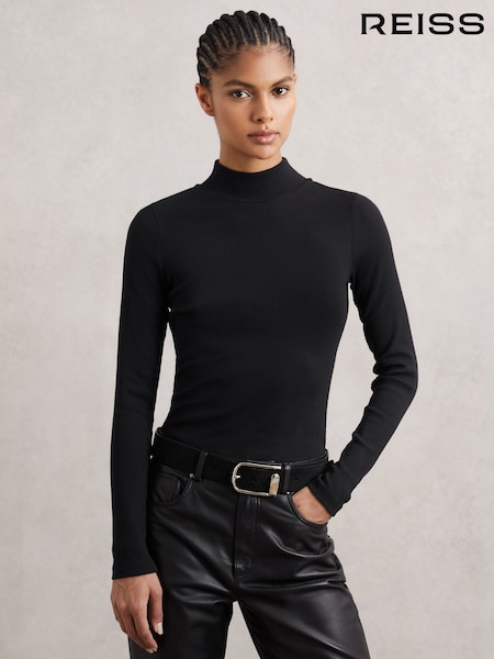 Reiss Black Polly Stretch-Cotton Funnel-Neck Top (H76932) | AED346