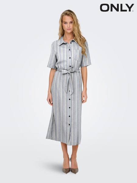 ONLY Blue Stripe Linen Mix Belted Midi Shirt Dress (H76938) | €53