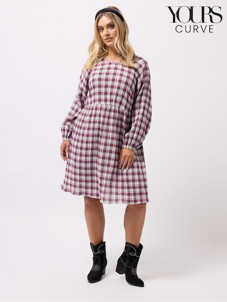 Yours Curve Pink Textured Smock Check Dress (H77113) | €43