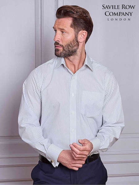 Savile Row Company Blue Classic Fit Double Cuff Striped Cotton Poplin Formal Shirt (H77345) | €73