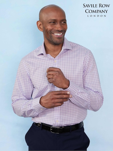 Savile Row Company Slim Fit Purple Gingham Check Cotton Single Cuff Formal Shirt (H77347) | 410 LEI