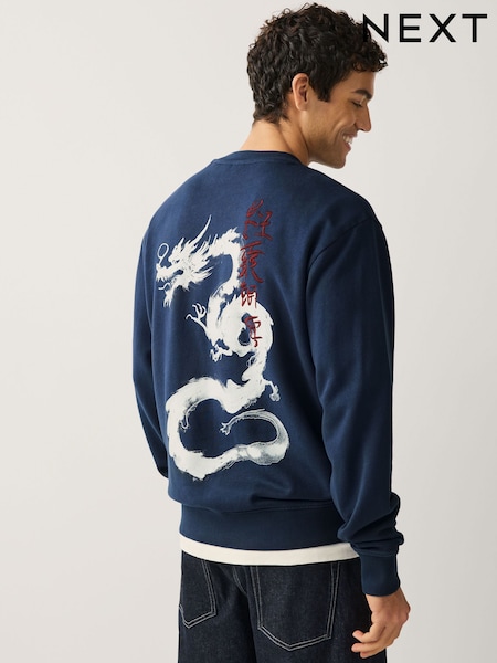 Navy Blue Washed Graphic Print Crew Neck Sweatshirt (H77377) | R$ 345