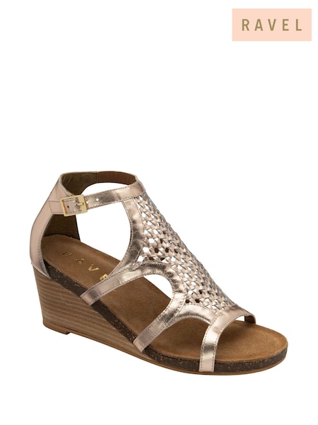 Ravel Gold Leather Wedge Sandals (H77475) | AED437