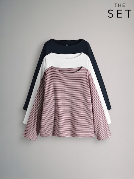 The Set 3 Pack Long Sleeve Heavyweight Boat Neck T-Shirts Navy/White/Stripe (H77566) | OMR17