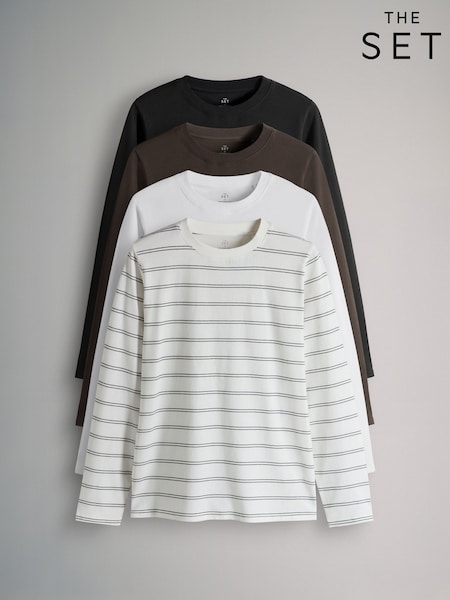 The Set Black/Chocolate Brown/Stripe/White 4 Pack Slim Fit 100% Cotton Long Sleeve T-Shirts (H77568) | kr346