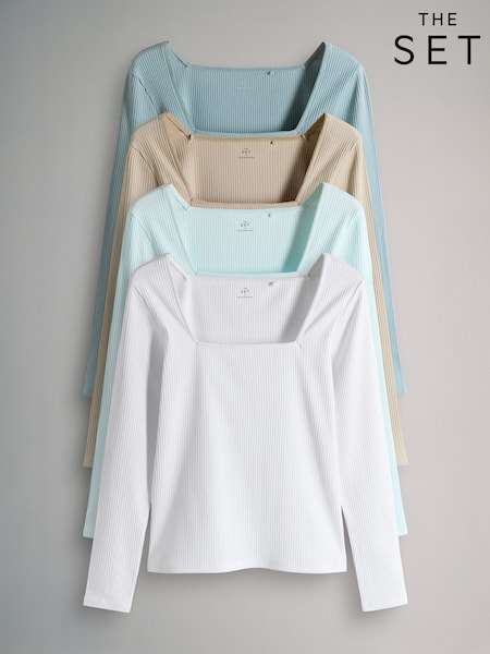 The Set 4 Pack Trim Square Neck Ribbed Tops Blue/Light Blue/Stone Brown/White (H77570) | SGD 54