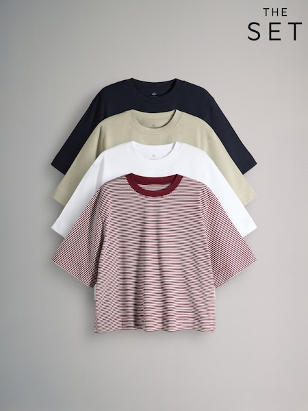 The Set 4 Pack Heavyweight Relaxed Short Sleeve T-Shirts Navy/Light Green/White/Red Stripe (H77585) | AED151
