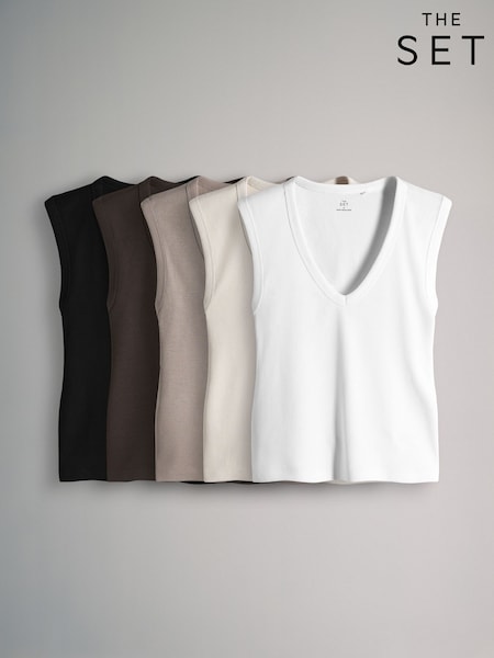 The Set 5 Pack Deep V-Neck Ribbed Vest (H77590) | ‏117 ر.ق.
