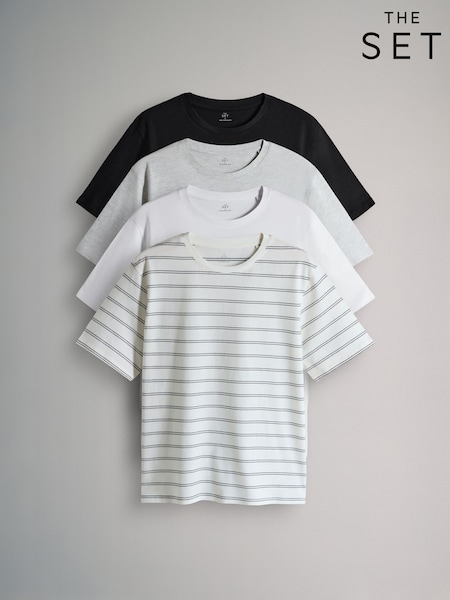 The Set 4 Pack Short Sleeved Relaxed T-Shirts Black/Stripe/Grey/White (H77603) | AED111