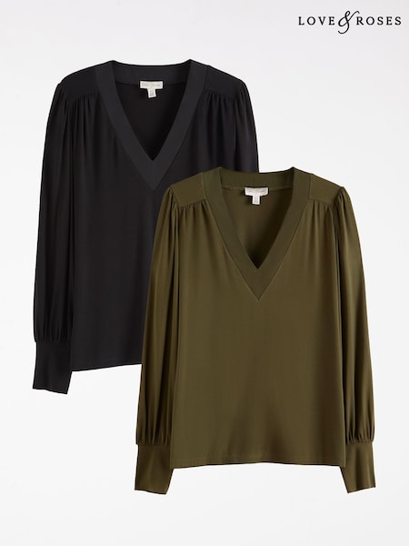 Love & Roses Black And Khaki V-Neck Chiffon Mix Jersey Tops 2 Pack (H77648) | R$ 375