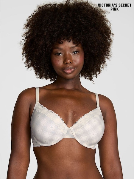 Victoria's Secret PINK White Tartan Lightly Lined Cotton Heather Lace Trim Bra (H77697) | €41.50