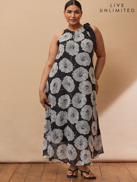 Live Unlimited Black Floral Print Halter Neck Maxi Dress (H77873) | €126
