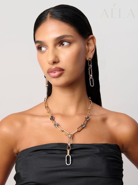 Aela Large Gold Tone Mixed Metal Link Chain Lariat Necklace (H77924) | €26