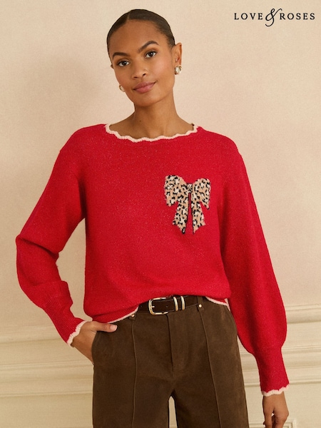Love & Roses Red Leopard Print Bow Petite Scallop Knitted Jumper (H78067) | 197 QAR
