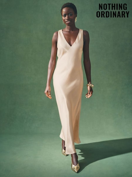 Nothing Ordinary Gold Sleeveless Metallic Satin Bias Midi Slip Dress (H78133) | €153.50