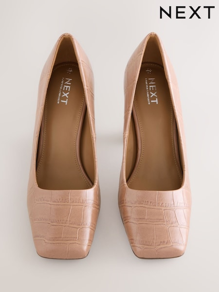 Camel Croc Effect Forever Comfort® Square Toe Court Block Heels (H78162) | €33