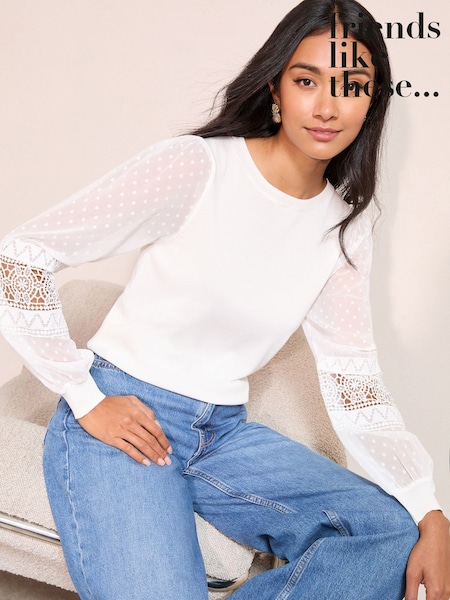 أبيض عاجي - Friends Like These Woven Sleeve Knitted Top (H78200) | ‏187 ر.ق.