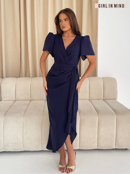 Girl In Mind Blue Drew Puff Sleeve Wrap Front Midi Dress (H78340) | €66