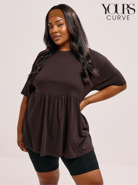 Castanho - Yours Curve Peplum Cotton Short Sleeve Top (H78428) | R$ 195