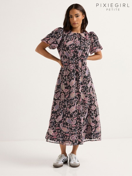 PixieGirl Petite Paisley Chiffon Bow Back Midi Dress (H78434) | 290 LEI