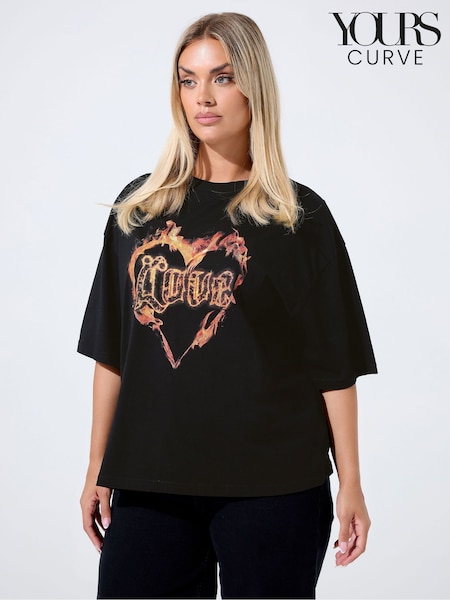Yours Curve Black Limited Heart Fired T-Shirt (H78442) | €25