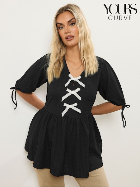 Yours Curve Black Puff Sleeve Bow Peplum Top (H78523) | R$ 285