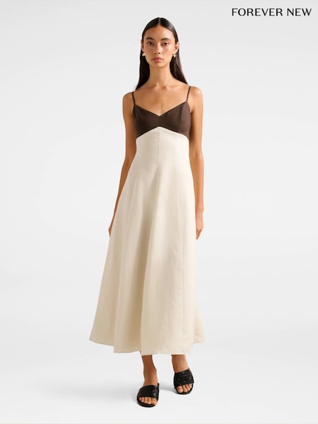 Forever New Brown Pure Linen Ada Contrast Midi Dress (H78604) | €154