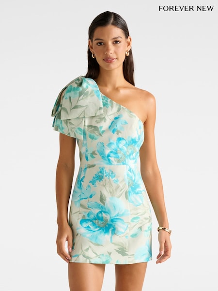 Forever New Cream Darcy One Shoulder Bow Contains Linen Mini Dress (H78611) | €157