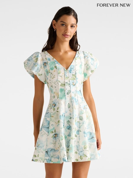 Forever New White Camden Puff  Sleeves Contains Linen Mini Dress (H78612) | R$ 1.085