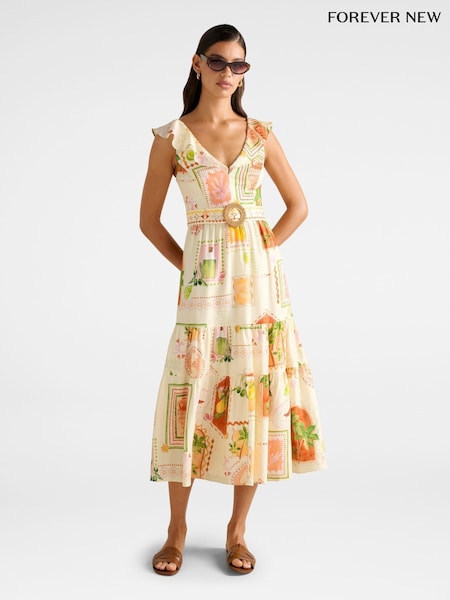 Forever New Cream Layne Printed Contains Linen Midi Dress (H78619) | R$ 1.085