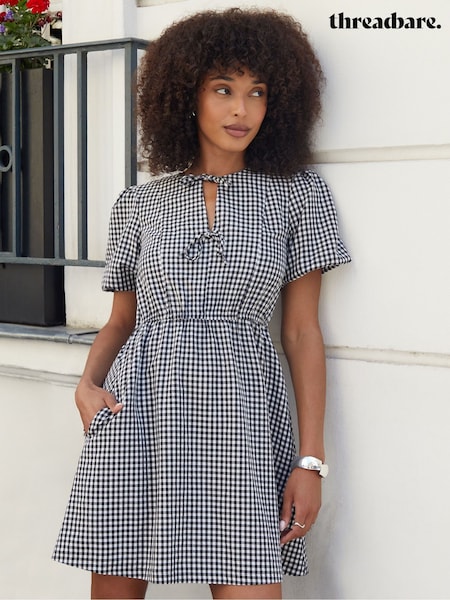 Threadbare Black Gingham Puff Sleeve Tie Front Smock Mini Dress (H78676) | €45