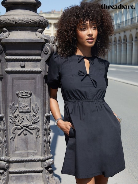 Чорний - Threadbare Puff Sleeve Tie Front Smock Mini Dress (H78679) | 2 595 грн