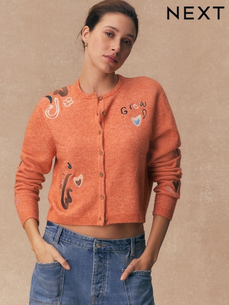 Orange Embroidery Crew Neck Knitted Cardigan (H78688) | AED151