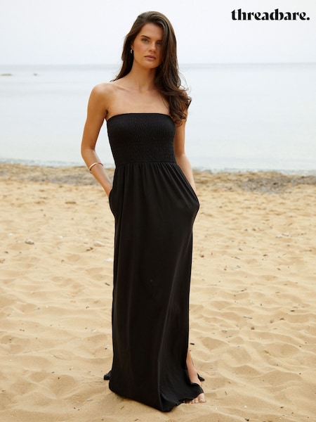 Preto - Threadbare 100% Cotton Jersey Bandeau Maxi Dress with Pockets (H78691) | R$ 325