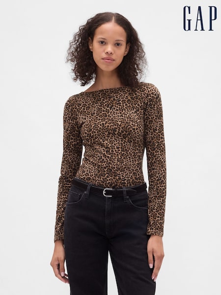 Gap Leopard Print Brown CloseKnit Jersey Boatneck Open-Back T-Shirt (H78847) | €35
