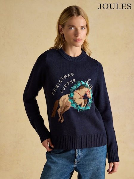 Joules Noelle Navy Embroidered Festive Knitted Jumper (H79612) | AED285