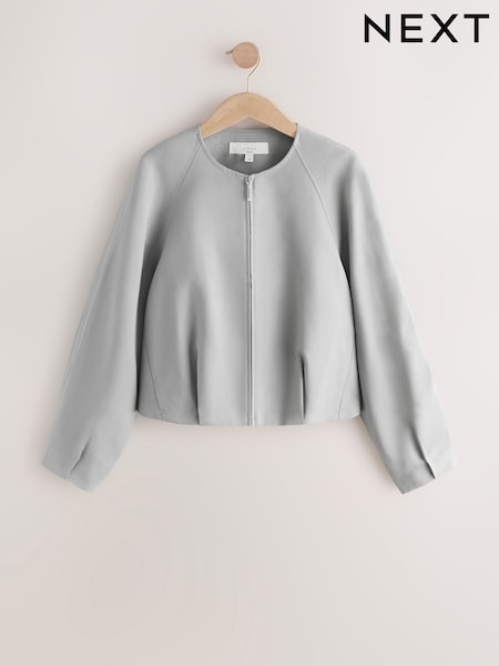 Grey Gathered Hem Bomber Jacket with Linen (H79742) | OMR38