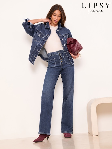 Prespălaţi albastru închis - Lipsy Exposed Button Fly Patch Pocket Wide Leg Jeans (H79749) | 387 LEI