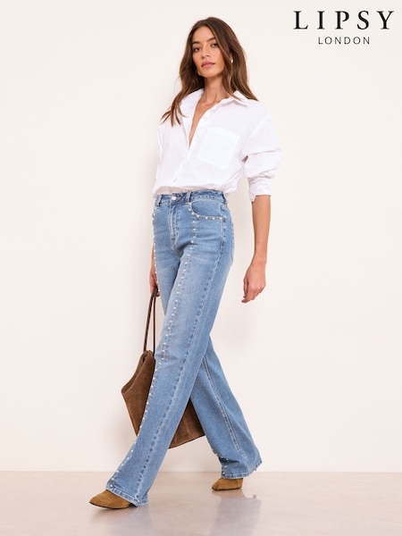 Studded Mid Wash Blue - Lipsy Wide Leg Jeans (H79780) | ‏301 ر.ق.