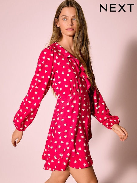 Red Heart Print Long Sleeve Mini Wrap Dress (H80145) | 227 SAR