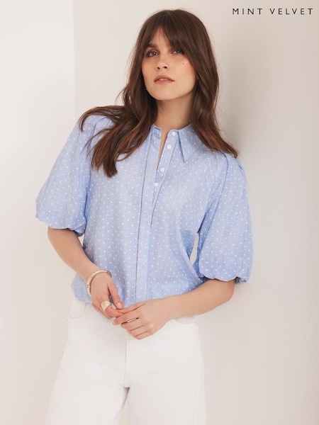 Mint Velvet Blue Stripe Polka Heart Puff Sleeve Shirt (H80472) | €113